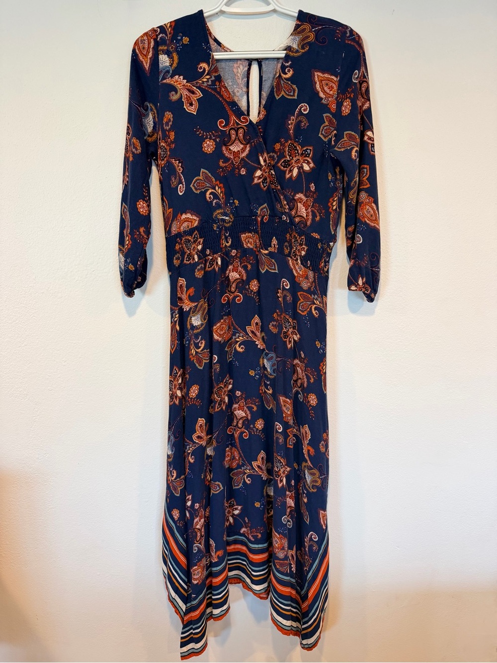 Paisley Navy Wrap Midi Dress with Rust Accents